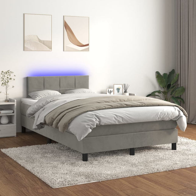 Boxspring Met Matras En Led Fluweel Lichtgrijs 120 x 200 cm Blok met vierkanten