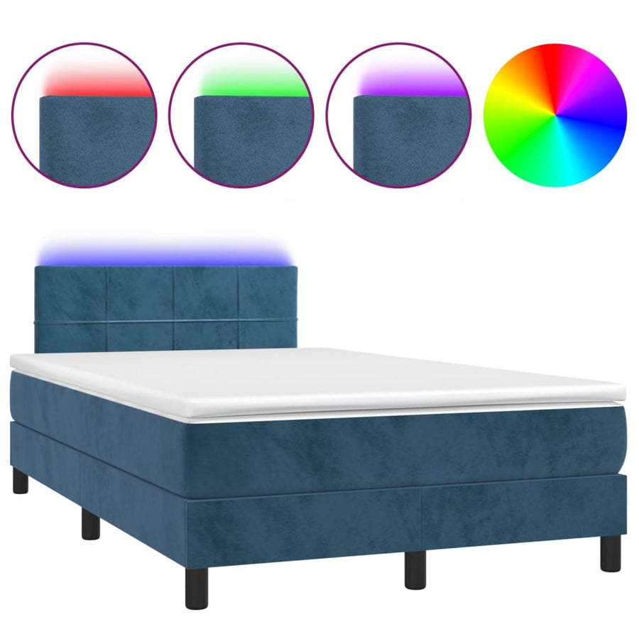 Boxspring Met Matras En Led Fluweel Donkerblauw 120 x 200 cm Blok met vierkanten