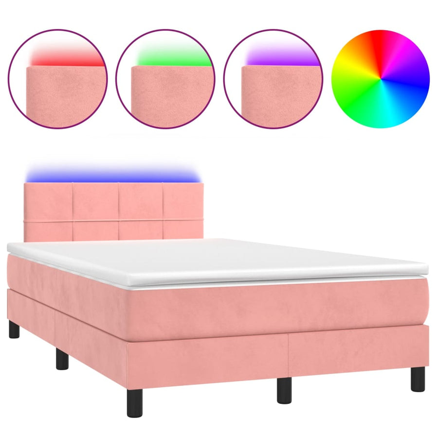 Boxspring Met Matras En Led Fluweel Roze 120 x 200 cm Blok met vierkanten