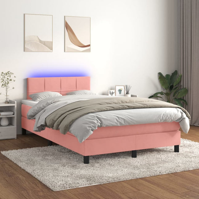 Boxspring Met Matras En Led Fluweel Roze 120 x 200 cm Blok met vierkanten