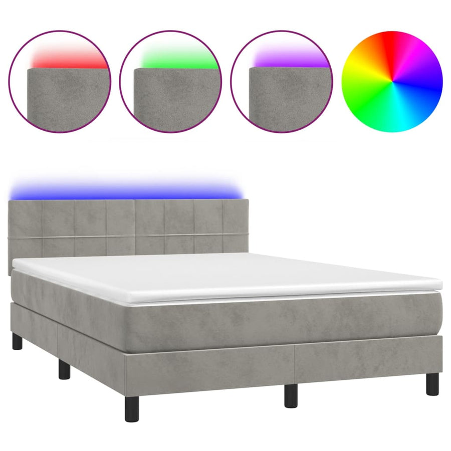 Boxspring Met Matras En Led Fluweel Lichtgrijs 140 x 190 cm Blok met vierkanten