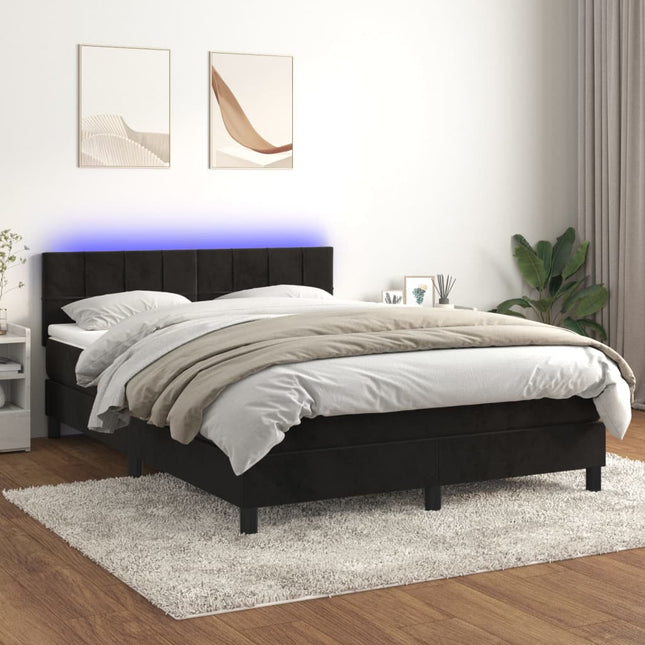 Boxspring met matras en LED fluweel zwart 140x190 cm 140 x 190 cm Blok met vierkanten