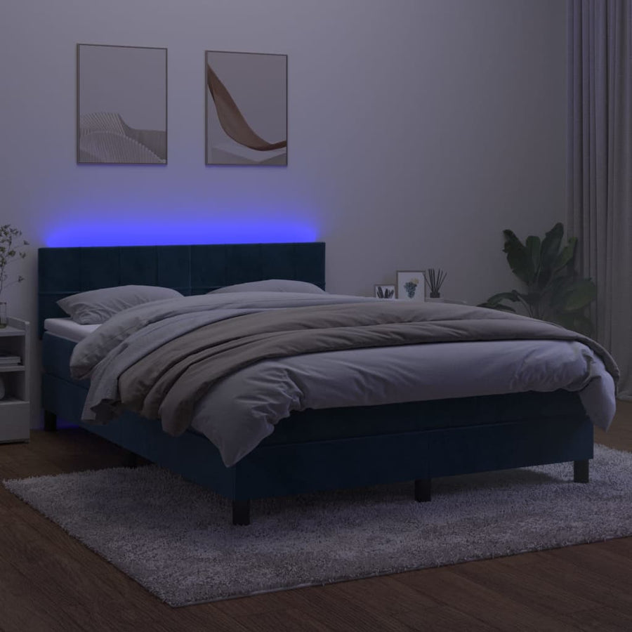 Boxspring met matras en LED fluweel donkerblauw 140x190 cm 140 x 190 cm Blok met vierkanten
