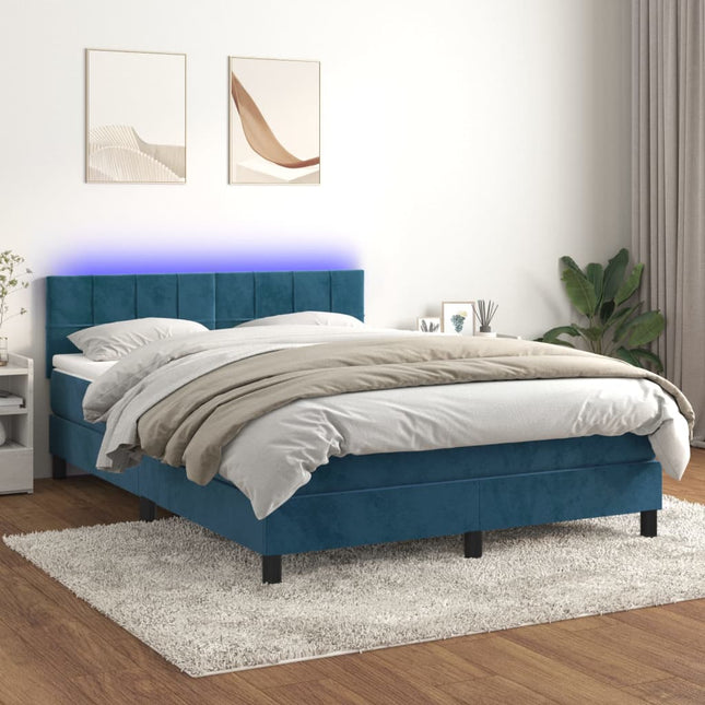 Boxspring met matras en LED fluweel donkerblauw 140x190 cm 140 x 190 cm Blok met vierkanten