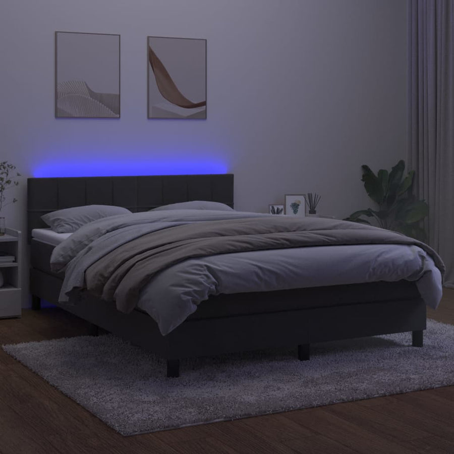 Boxspring Met Matras En Led Fluweel Donkergrijs 140 x 200 cm Blok met vierkanten