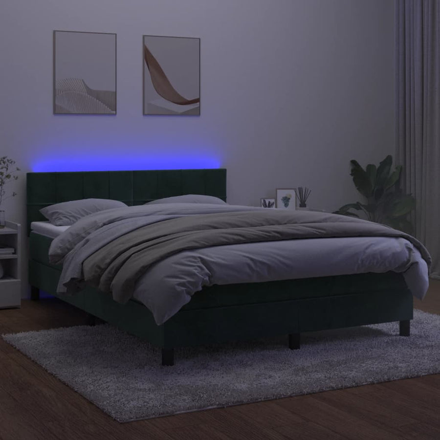 Boxspring met matras en LED fluweel donkergroen 140x200 cm 140 x 200 cm Blok met vierkanten