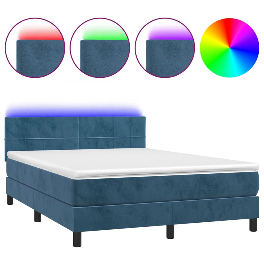 Boxspring met matras en LED fluweel donkerblauw 140x200 cm 140 x 200 cm Blok met vierkanten