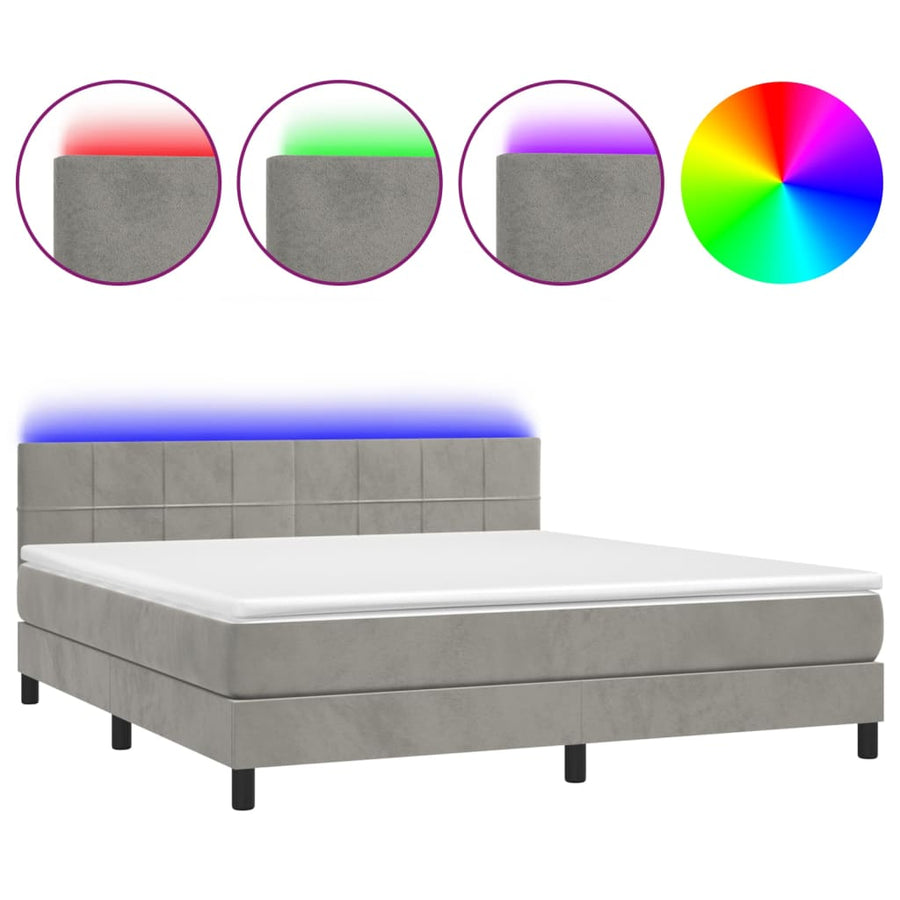 Boxspring Met Matras En Led Fluweel Lichtgrijs 160 x 200 cm Blok met vierkanten
