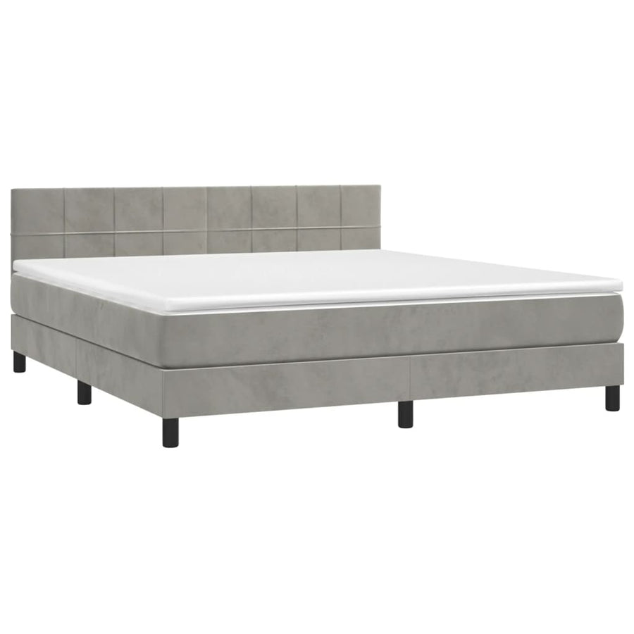 Boxspring Met Matras En Led Fluweel Lichtgrijs 160 x 200 cm Blok met vierkanten