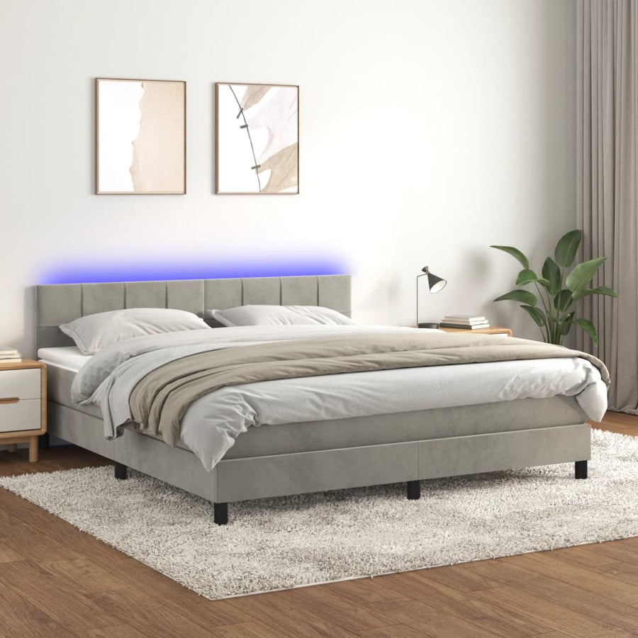 Boxspring Met Matras En Led Fluweel Lichtgrijs 160 x 200 cm Blok met vierkanten