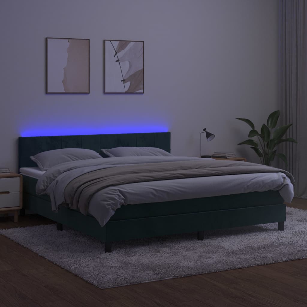 Boxspring met matras en LED fluweel donkergroen 160x200 cm 160 x 200 cm Blok met vierkanten