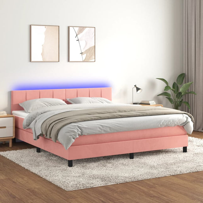 Boxspring met matras en LED fluweel roze 160x200 cm 160 x 200 cm Blok met vierkanten