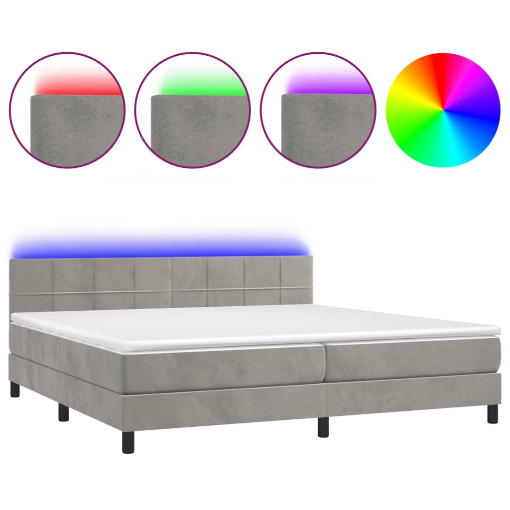 Boxspring Met Matras En Led Fluweel Lichtgrijs 200 x 200 cm Blok met vierkanten