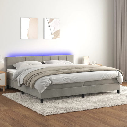 Boxspring Met Matras En Led Fluweel Lichtgrijs 200 x 200 cm Blok met vierkanten