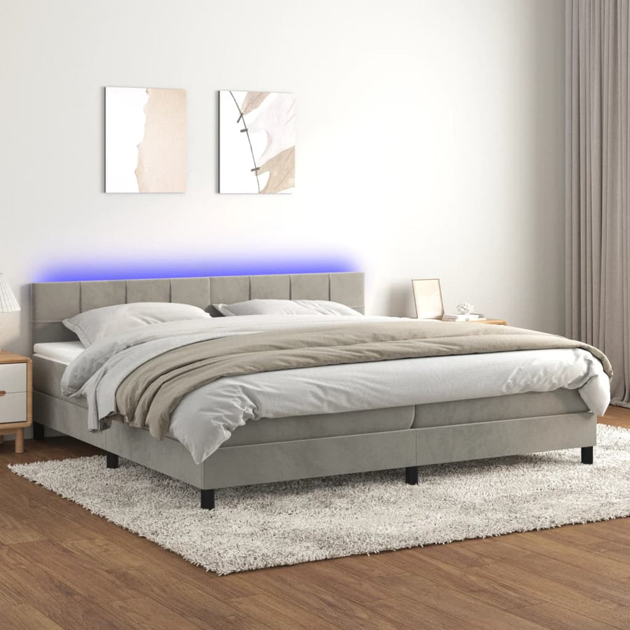 Boxspring Met Matras En Led Fluweel Lichtgrijs 200 x 200 cm Blok met vierkanten
