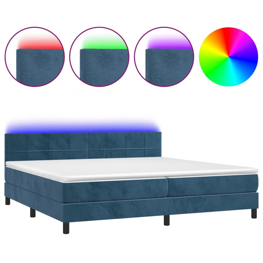 Boxspring Met Matras En Led Fluweel Donkerblauw 200 x 200 cm Blok met vierkanten