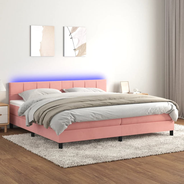 Boxspring met matras en LED fluweel roze 200x200 cm 200 x 200 cm Blok met vierkanten