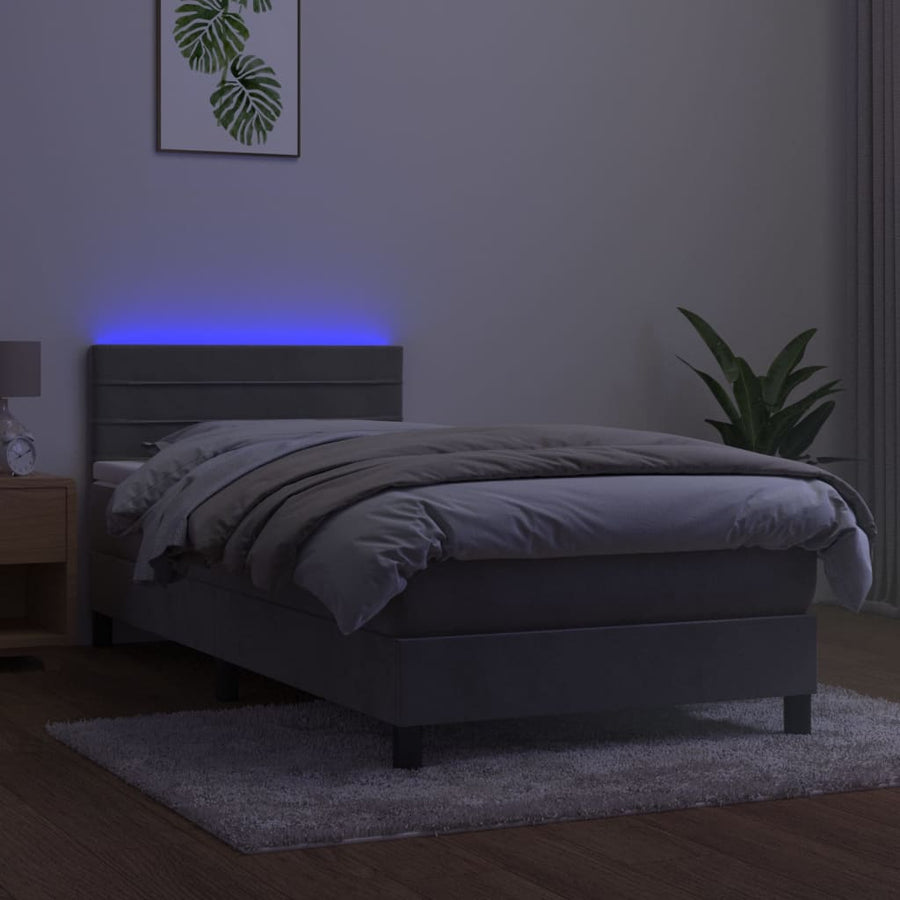 Boxspring Met Matras En Led Fluweel Lichtgrijs 90 x 200 cm Horizontale strepen