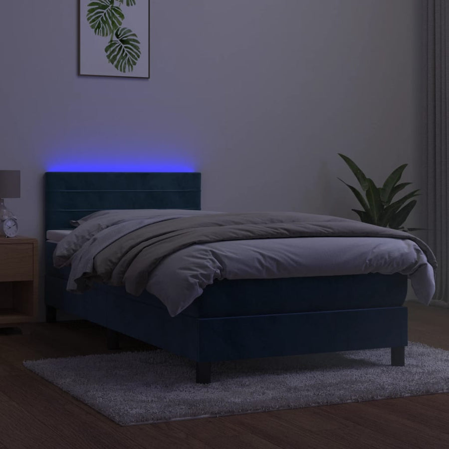 Boxspring Met Matras En Led Fluweel Donkerblauw 100 x 200 cm Horizontale strepen