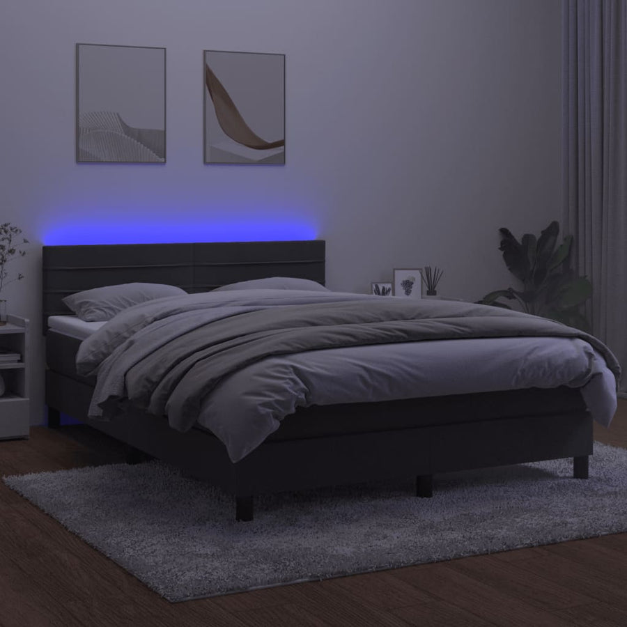 Boxspring Met Matras En Led Fluweel Donkergrijs 140 x 190 cm Horizontale strepen