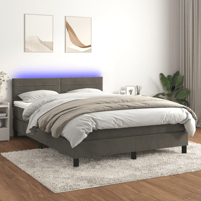 Boxspring Met Matras En Led Fluweel Donkergrijs 140 x 190 cm Horizontale strepen