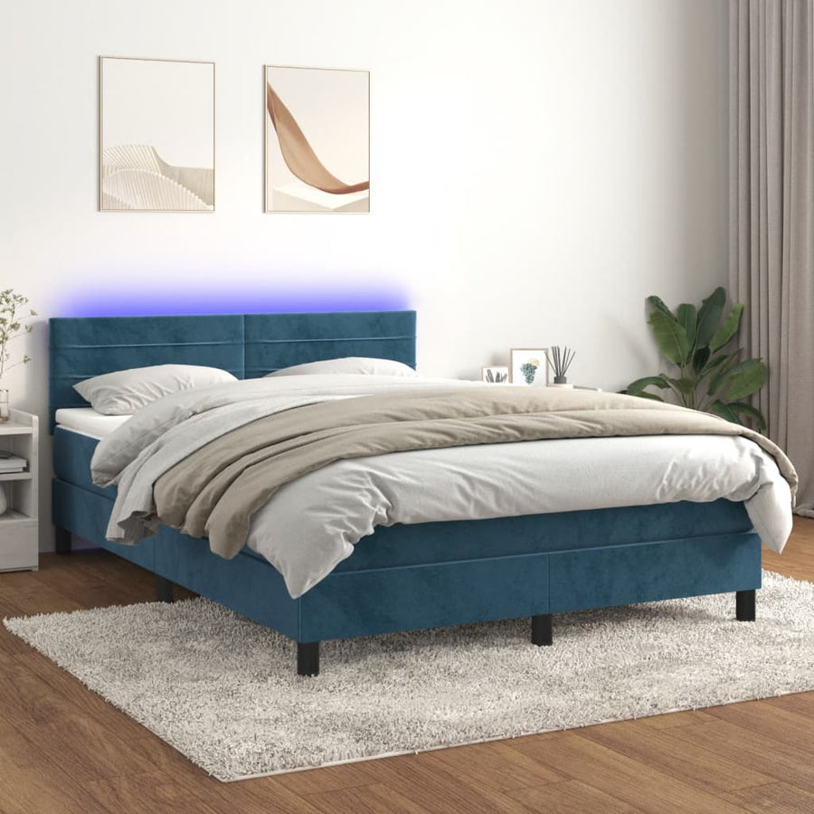 Boxspring met matras en LED fluweel donkerblauw 140x190 cm 140 x 190 cm Horizontale strepen