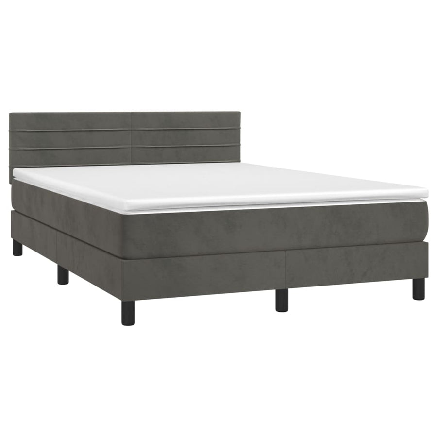Boxspring Met Matras En Led Fluweel Donkergrijs 140 x 200 cm Horizontale strepen
