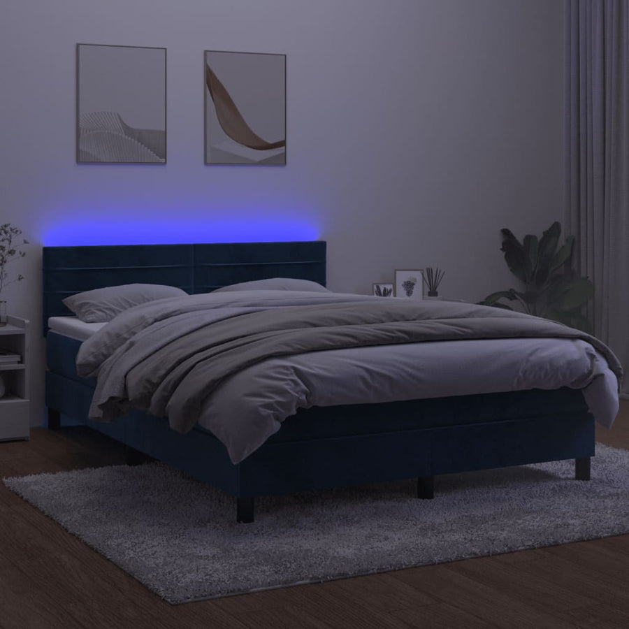 Boxspring met matras en LED fluweel donkerblauw 140x200 cm 140 x 200 cm Horizontale strepen
