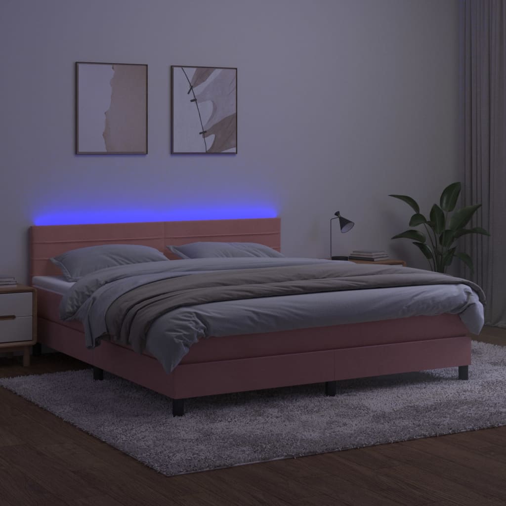 Boxspring met matras en LED fluweel roze 160x200 cm 160 x 200 cm Horizontale strepen