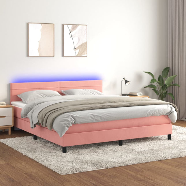 Boxspring met matras en LED fluweel roze 160x200 cm 160 x 200 cm Horizontale strepen