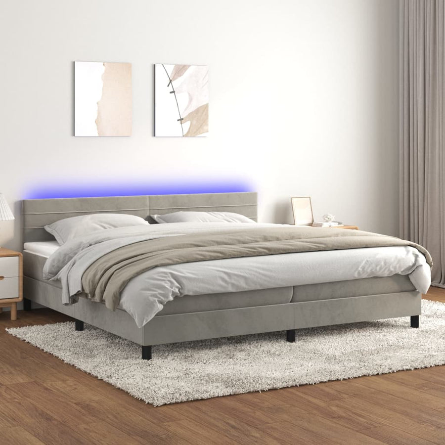 Boxspring Met Matras En Led Fluweel Lichtgrijs 200 x 200 cm Horizontale strepen