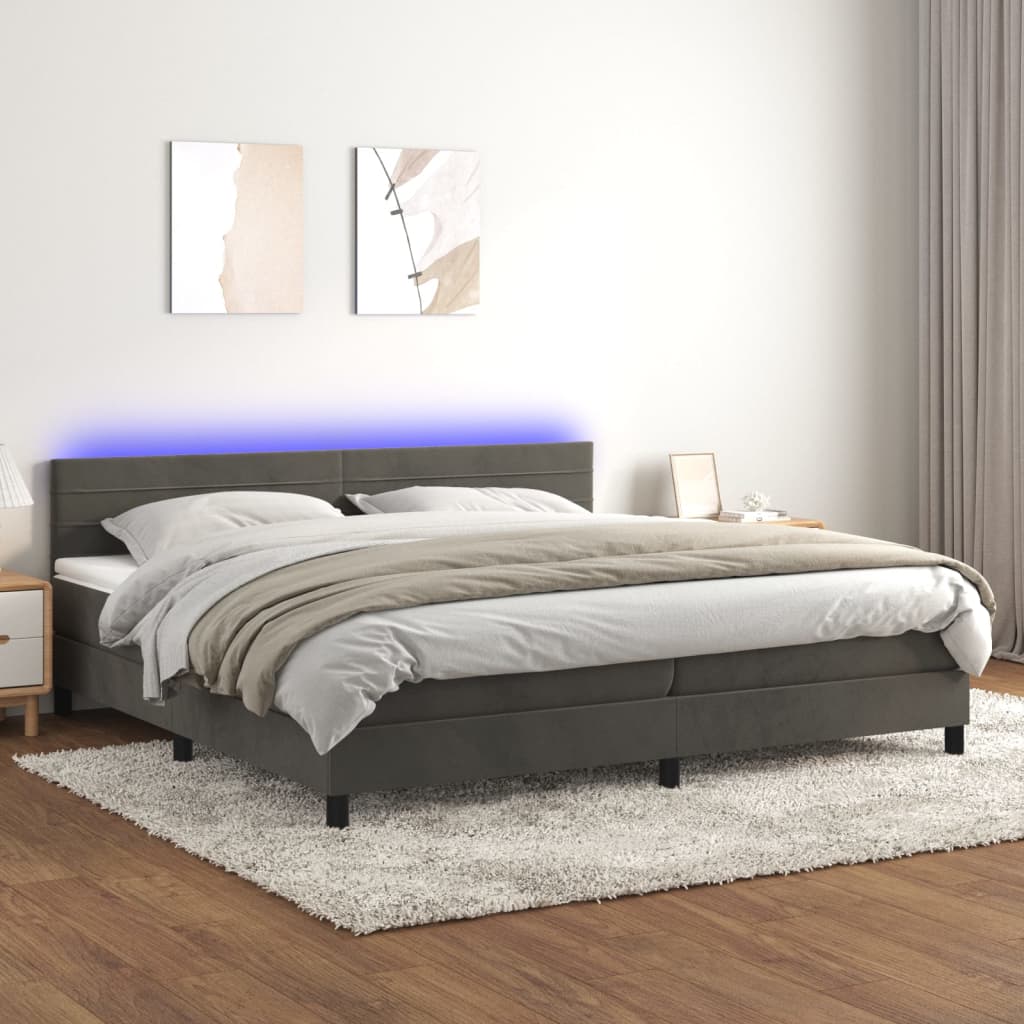 Boxspring Met Matras En Led Fluweel Donkergrijs 200 x 200 cm Horizontale strepen