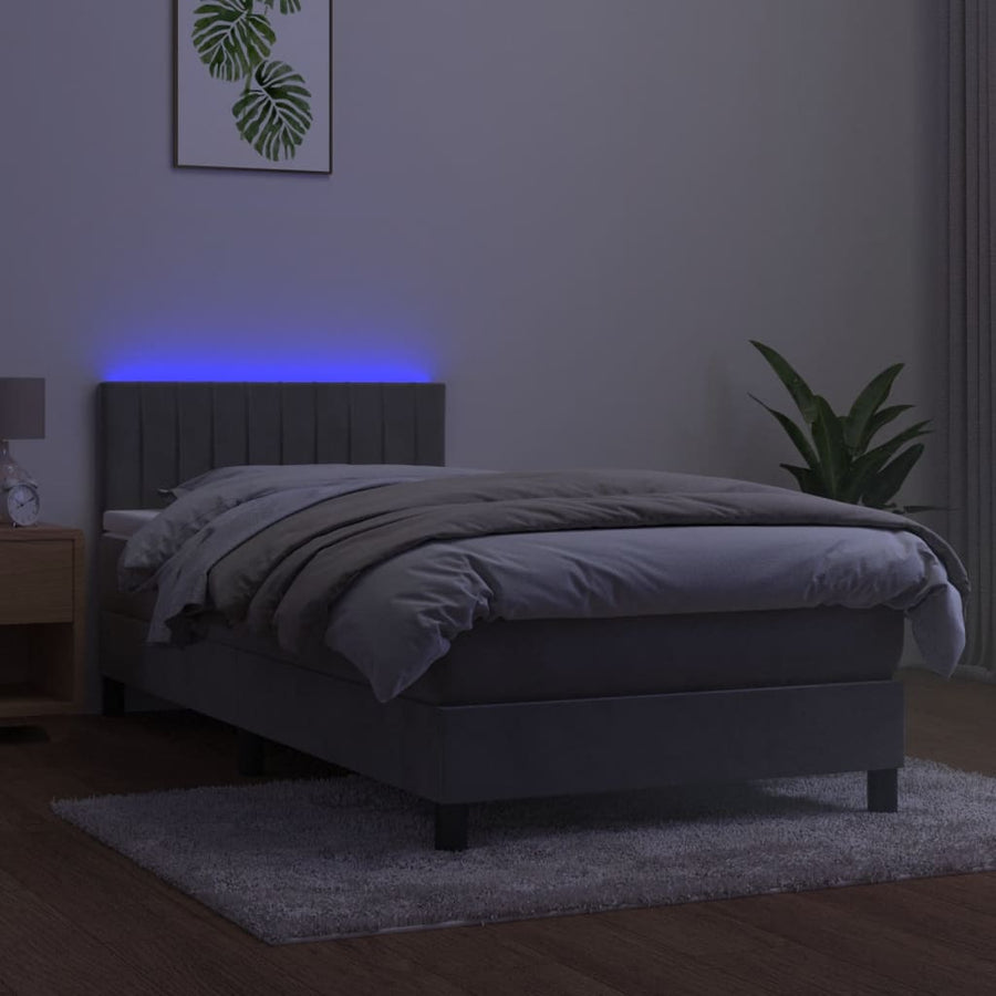 Boxspring Met Matras En Led Fluweel Lichtgrijs 80 x 200 cm Verticale strepen