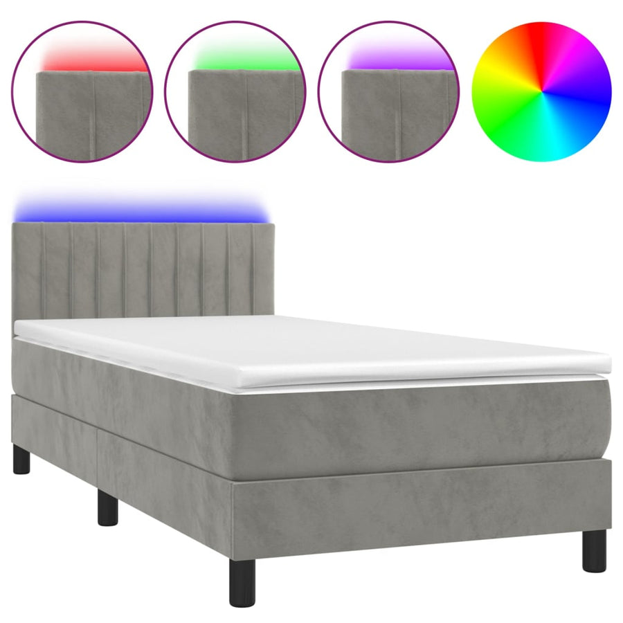 Boxspring Met Matras En Led Fluweel Lichtgrijs 100 x 200 cm Verticale strepen