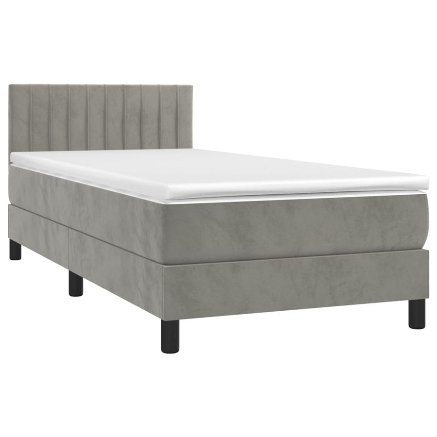 Boxspring Met Matras En Led Fluweel Lichtgrijs 100 x 200 cm Verticale strepen