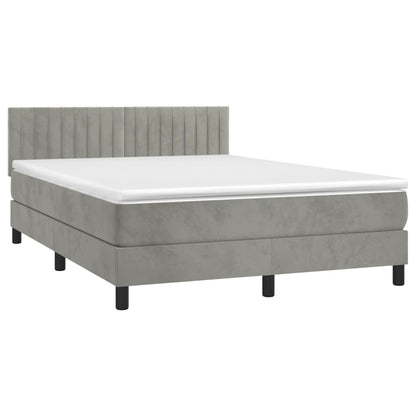 Boxspring Met Matras En Led Fluweel Lichtgrijs 140 x 190 cm Verticale strepen