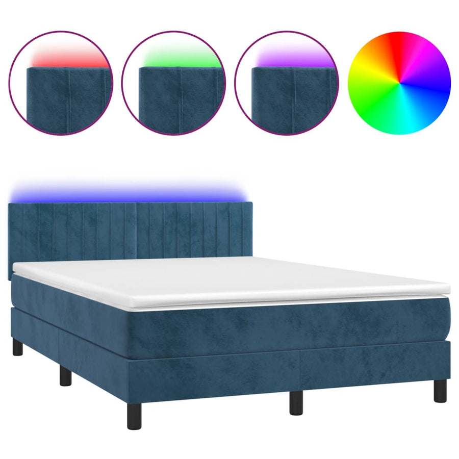 Boxspring Met Matras En Led Fluweel Donkerblauw 140 x 190 cm Verticale strepen