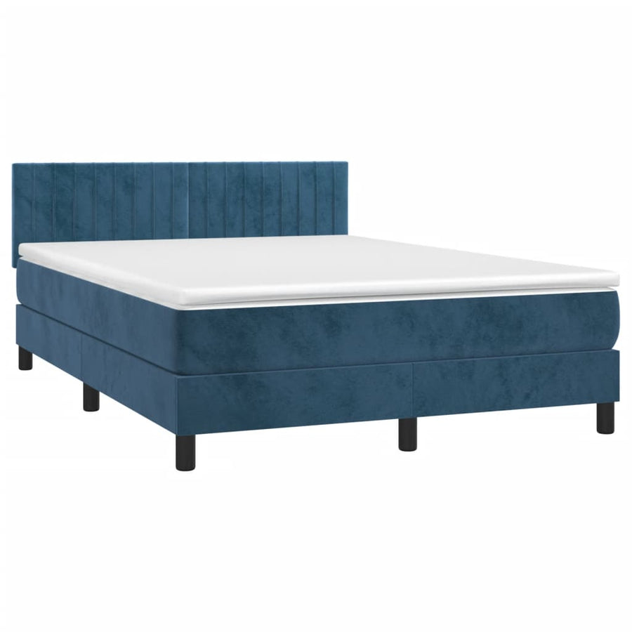 Boxspring Met Matras En Led Fluweel Donkerblauw 140 x 190 cm Verticale strepen