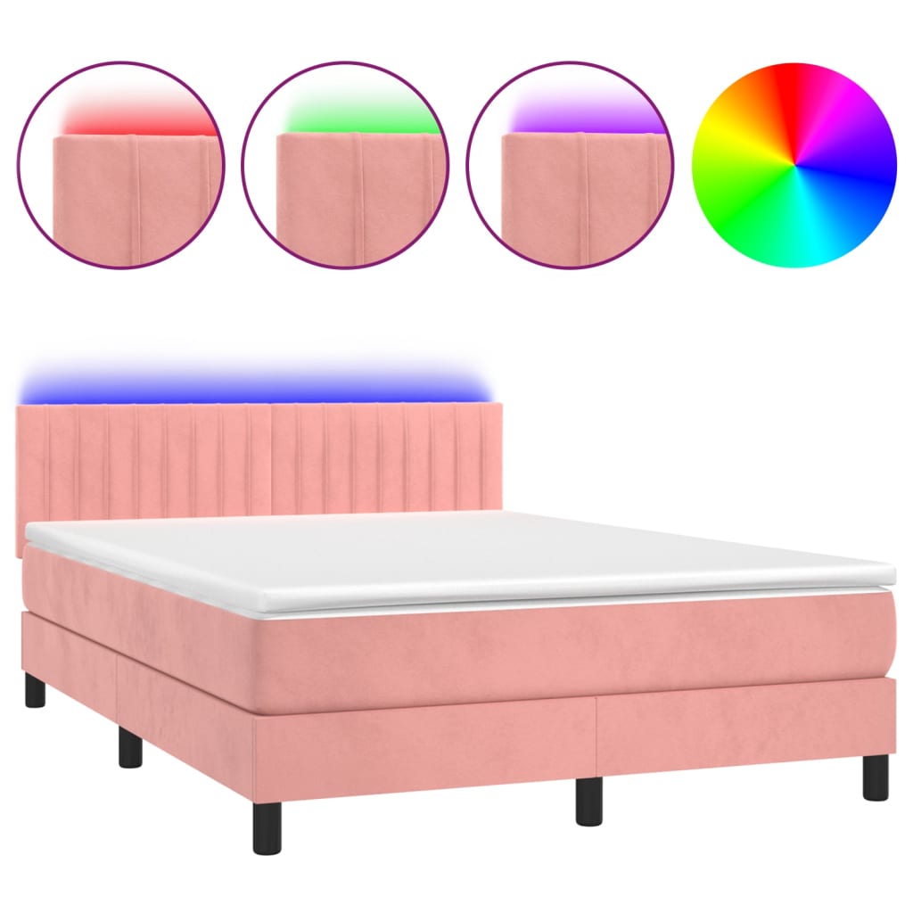 Boxspring Met Matras En Led Fluweel Roze 140 x 190 cm Verticale strepen