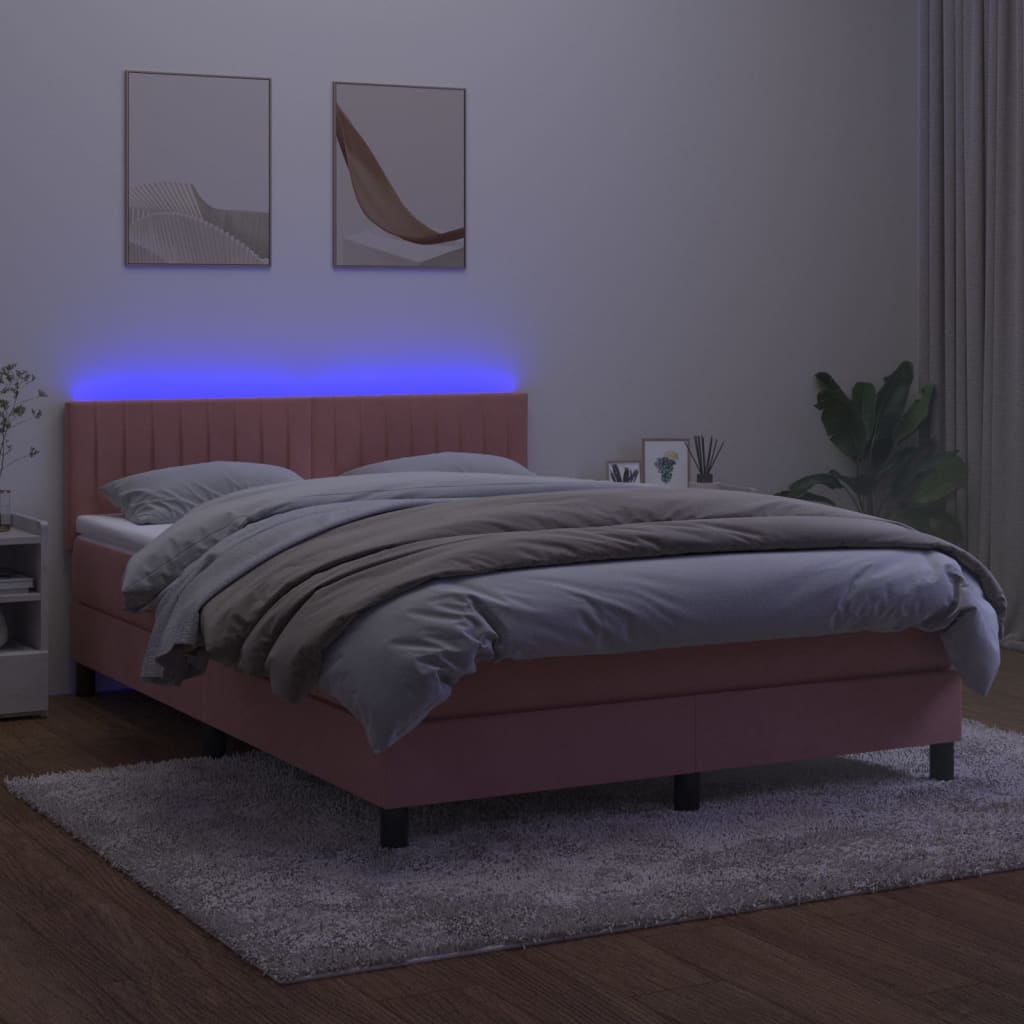 Boxspring Met Matras En Led Fluweel Roze 140 x 190 cm Verticale strepen