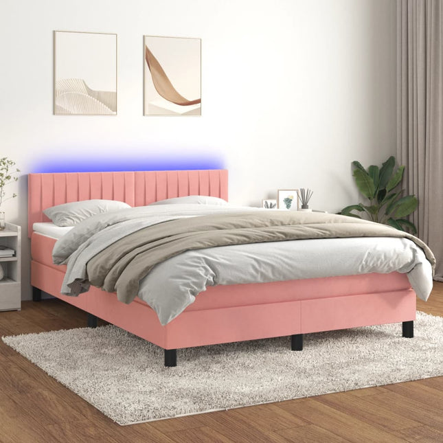 Boxspring Met Matras En Led Fluweel Roze 140 x 190 cm Verticale strepen