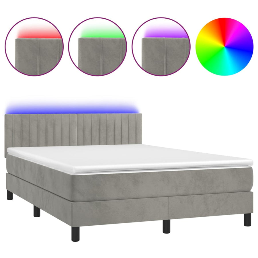 Boxspring Met Matras En Led Fluweel Lichtgrijs 140 x 200 cm Verticale strepen