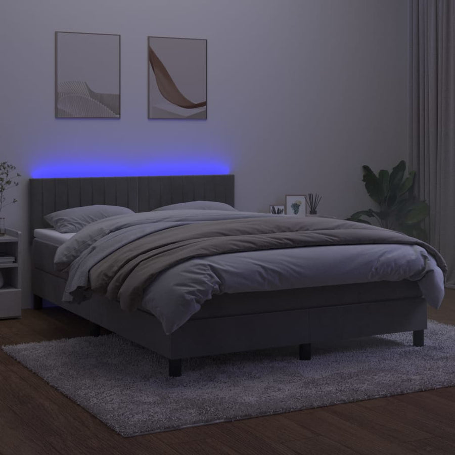 Boxspring Met Matras En Led Fluweel Lichtgrijs 140 x 200 cm Verticale strepen