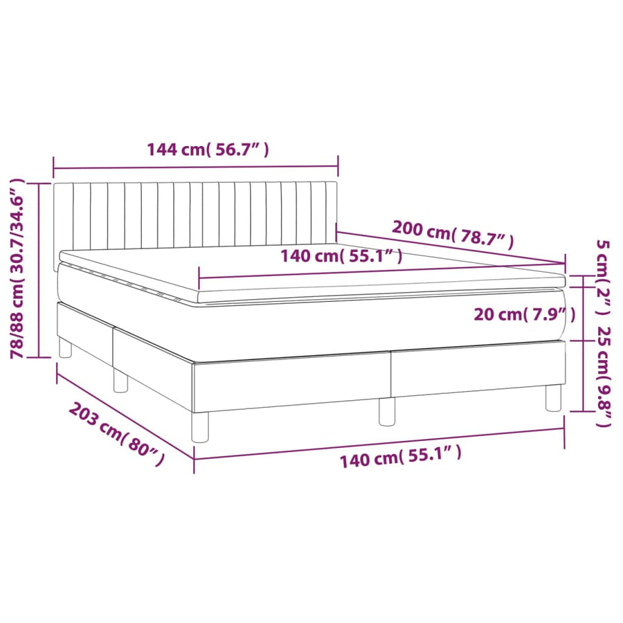 Boxspring Met Matras En Led Fluweel Lichtgrijs 140 x 200 cm Verticale strepen
