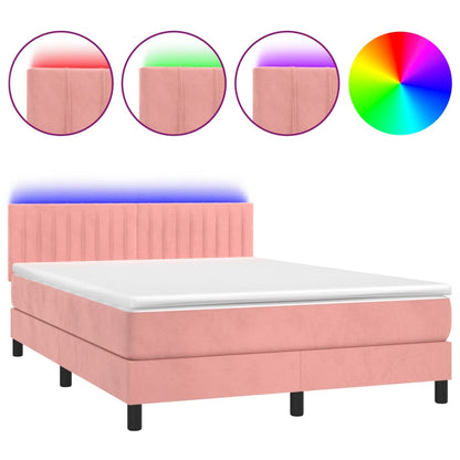 Boxspring Met Matras En Led Fluweel Roze 140 x 200 cm Verticale strepen