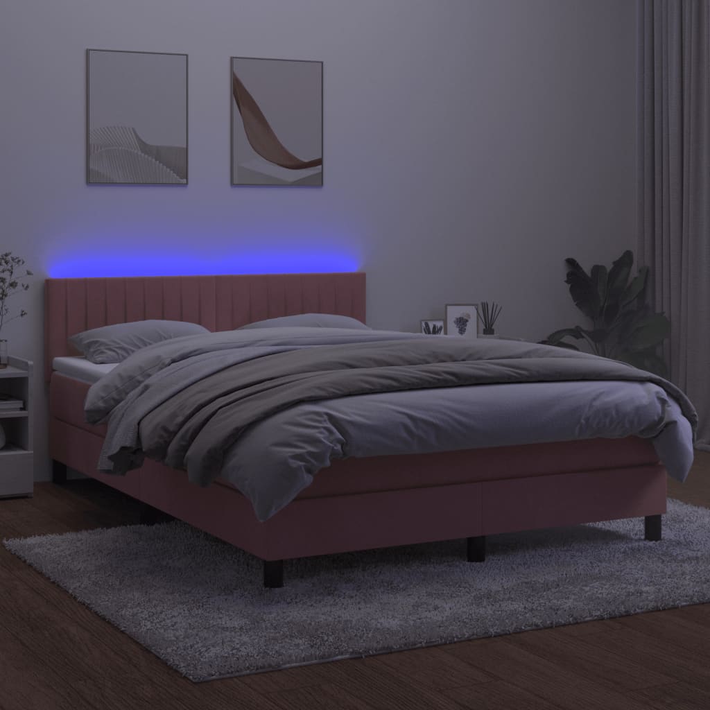 Boxspring Met Matras En Led Fluweel Roze 140 x 200 cm Verticale strepen