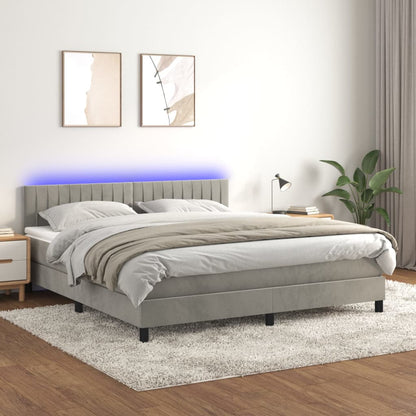 Boxspring Met Matras En Led Fluweel Lichtgrijs 160 x 200 cm Verticale strepen
