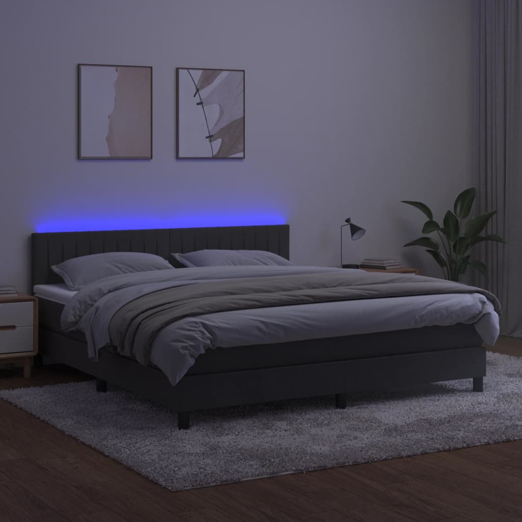 Boxspring Met Matras En Led Fluweel Donkergrijs 160 x 200 cm Verticale strepen