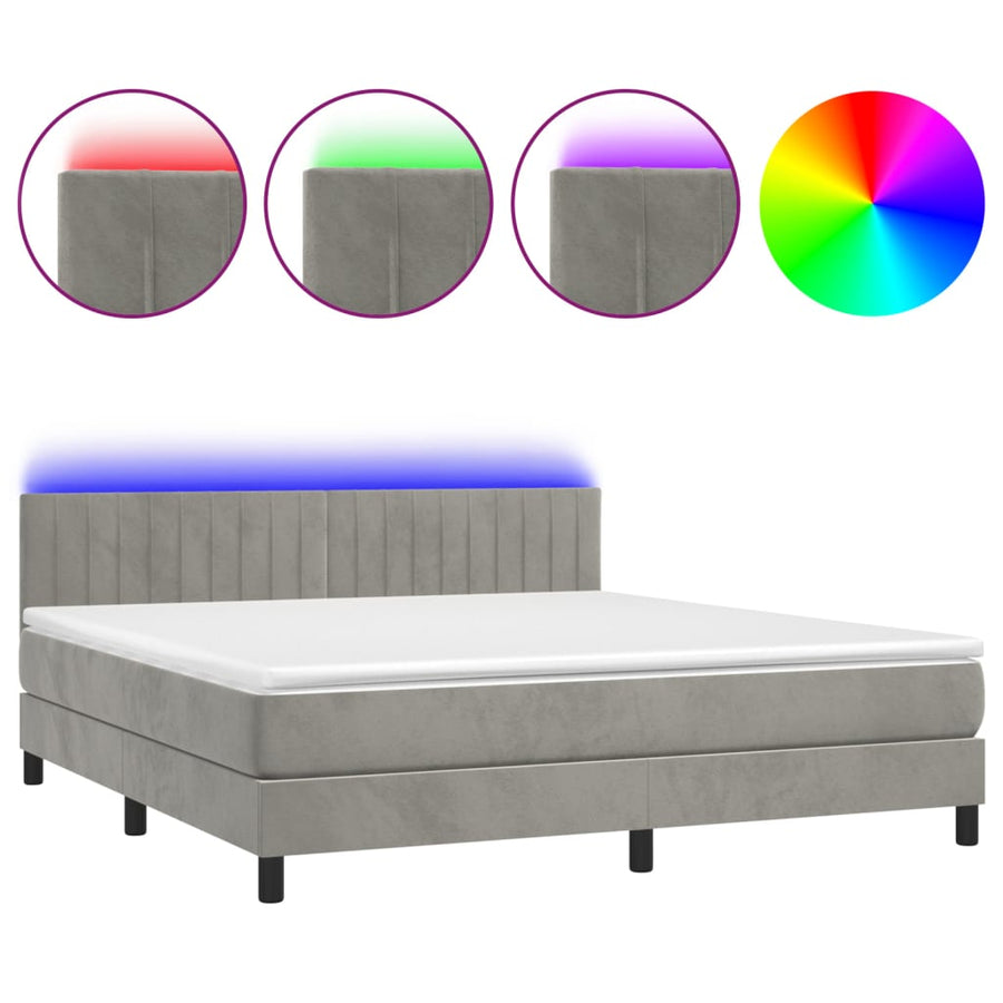 Boxspring Met Matras En Led Fluweel Lichtgrijs 180 x 200 cm Verticale strepen