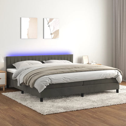 Boxspring Met Matras En Led Fluweel Donkergrijs 200 x 200 cm Verticale strepen
